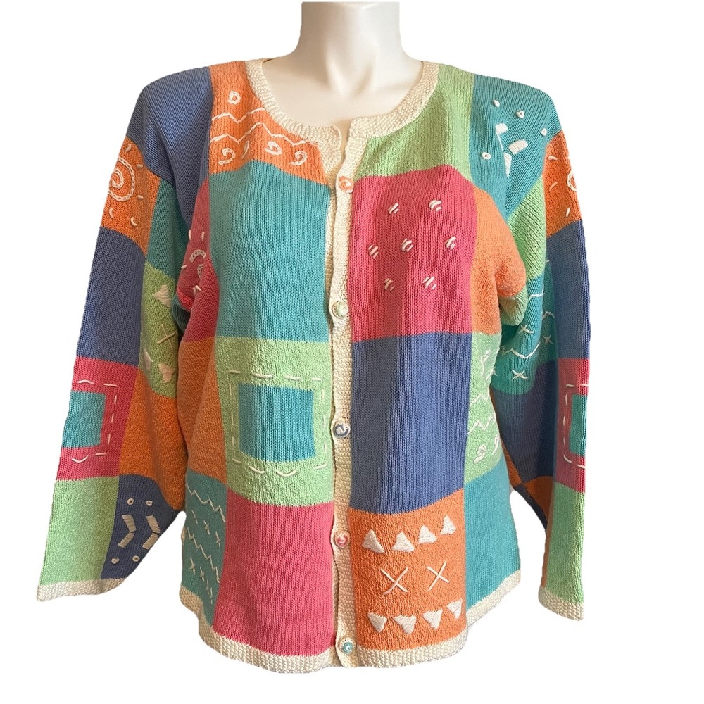 VTG Mandal Bay Chunky Knit Patchwork Cardigan Womens XXL Embroidered Whimsical